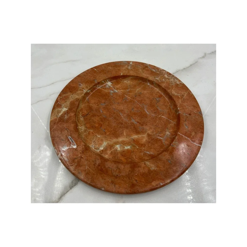 VTG Red Marble Plate Decorative Tray Round Stone Catchall 11.5 Inch Terracotta